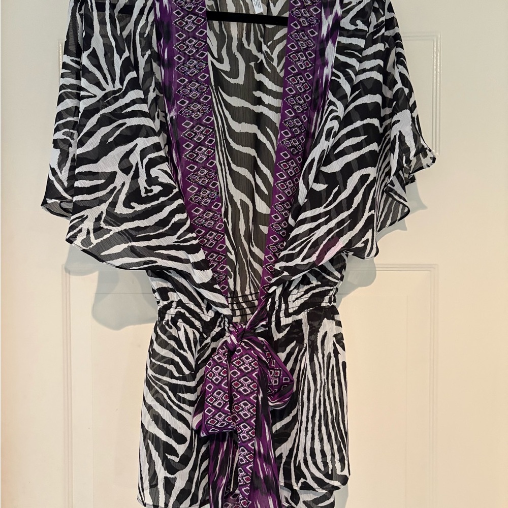 Chico's Black and White Zebra Kimono with Purple Detail